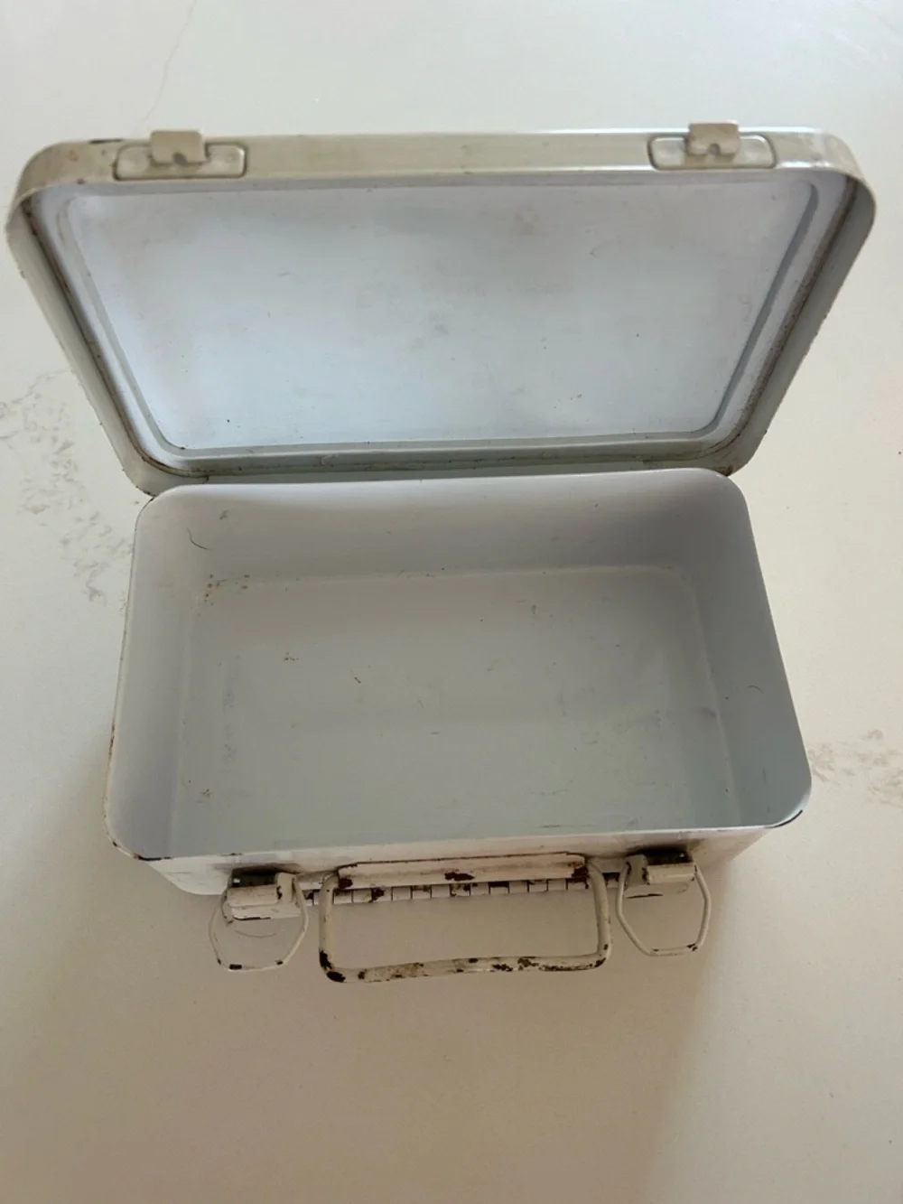 Vintage White and Blue Metal First Aid Kit